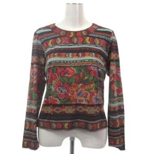 長袖クルーネックカットソー プリント 総柄 シルク混 L レッド