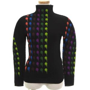 プリーツ カットソー 長袖 ハイネック プルオーバー プリント 黒 ブラック トップス S