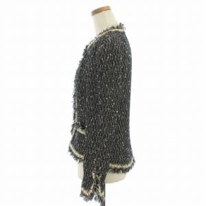 CHANEL 05年 ノーカラージャケット ツイード フリンジ ラインストーンボタン 38 黒 白