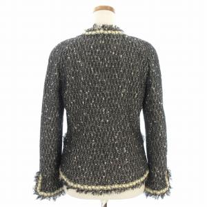 CHANEL 05年 ノーカラージャケット ツイード フリンジ ラインストーンボタン 38 黒 白