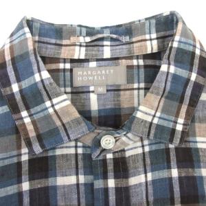MARGARET HOWELL 13SS 半袖リネンチェックシャツ M ブルー