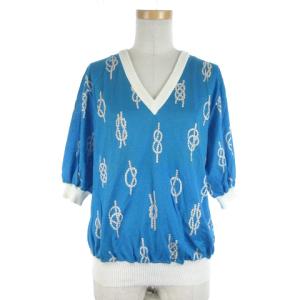 カットソー ヴィンテージ 五分袖 Vネック ロープ 総柄 コットン ブルー