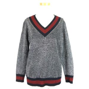 ニット セーター ラメ ライン 長袖 Vネック ウールミックス 36 ブラック SM