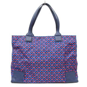 TORY BURCH トートバッグ セミショルダー ナイロン レザー 総柄 ブルー 