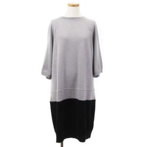 ニット ワンピース ひざ丈 七分袖 ドッキング プルオーバー ウール グレー ブラック