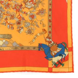 HERMES カレ45 眩惑のインド スカーフ ポケットチーフ シルク 総柄 オレンジ