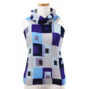 プリーツ カットソー ノースリーブ タートルネック ブロック柄 総柄 プリント ブルー