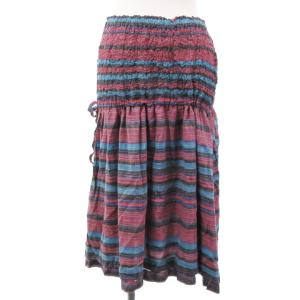 08AW スカート ひざ丈 シワ加工 フレア ボーダー コットン レッド