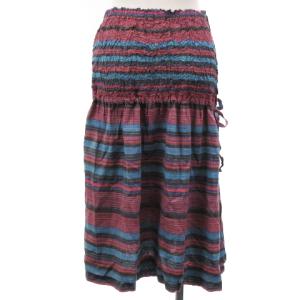 me ISSEY MIYAKE 08AW スカート ひざ丈 シワ加工 フレア ボーダー コットン レッド
