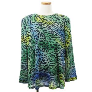 FASHION カットソー 長袖 サイドスリット 総柄 ブルー LL