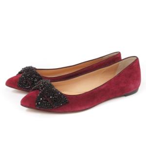 パンプス フラット シューズ ビジュー装飾 リボン スエード レザー レッド