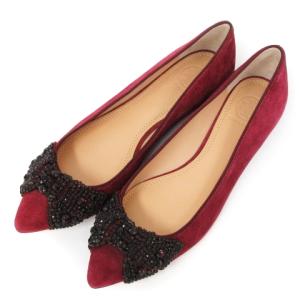 TORY BURCH パンプス フラット シューズ ビジュー装飾 リボン スエード レザー レッド