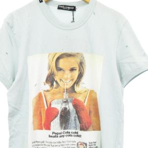 DOLCE&GABBANA G8120T Tシャツ 半袖 クルーネック ダメージ加工 プリント コットン ブルー