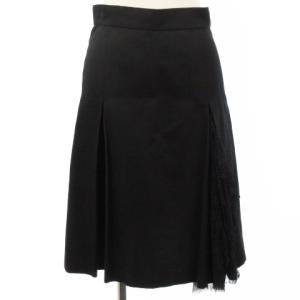 スカート ひざ丈 ボックスプリーツ レース アシンメトリー シルク リネン ブラック