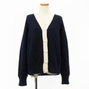 アゼ バイカラー Vネック カーディガン ニット コットン ネイビー ホワイト