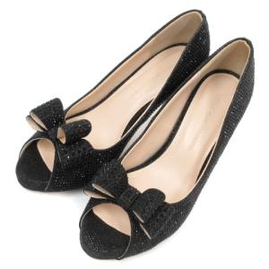 GRACE CONTINENTAL 良品 17SS リボンストーム パンプス ハイヒール オープントゥ グリッター ブラック 36 靴