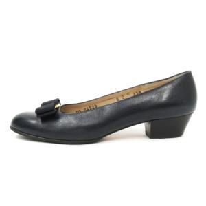 Salvatore Ferragamo ヴァラ パンプス ヒール レザー イタリア製 6C 23.5cm ネイビー