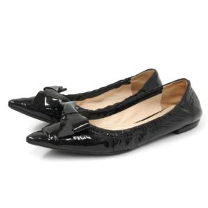 バレエシューズ フラット ポインテッドトゥ リボン パテントレザー イタリア製 ブラック