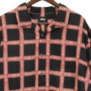 STUSSY 良品 20SS HAND DRAWN PLAID SHIRT オープンカラー シャツ 半袖 総柄 1110117 黒 ブラック