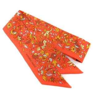 美品 ツイリー スカーフ フラワー アニマル 総柄 シルク 100％ フランス製 オレンジ