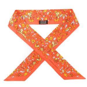 HERMES 美品 ツイリー スカーフ フラワー アニマル 総柄 シルク 100％ フランス製 オレンジ