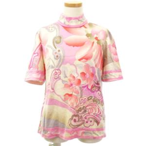 FASHION カットソー 半袖 ハイネック プリント 花柄 コットン ピンク L トップス IBO26