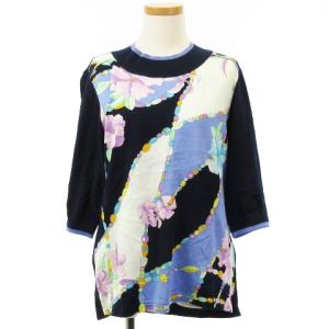 ニット カットソー セーター 七分袖 プルオーバー 花柄 ネイビー 42