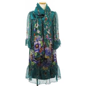 美品 ワンピース ひざ丈 長袖 シフォン シルク ストール ペチコート 付き 花柄 プリント 緑 グリーン 36 IBO26
