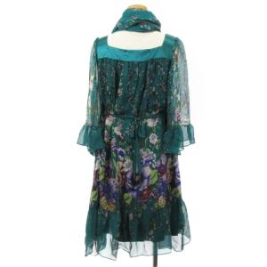 Grace Class 美品 ワンピース ひざ丈 長袖 シフォン シルク ストール ペチコート 付き 花柄 プリント 緑 グリーン 36 IBO26