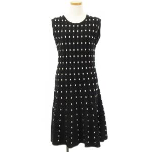 美品 ドット ジャガード ワンピース ニット ひざ丈 ノースリーブ 黒 ブラック 38 IBO26