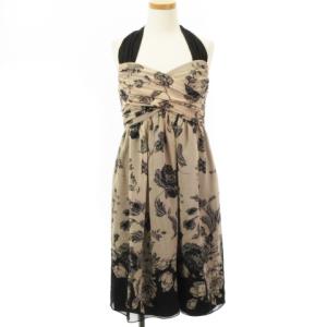 美品 ワンピース ドレス ひざ丈 ノースリーブ ホルターネック フラワーパターン プリント ピンクベージュ ブラック 38