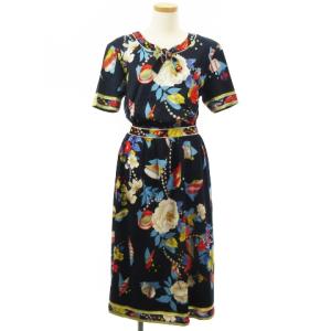 FASHION 良品 90's ヴィンテージ セットアップ カットソー Tシャツ 半袖 スカート ロング 花柄 プリント 紺