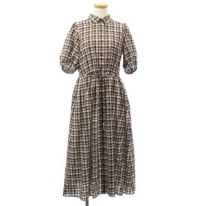 美品 22SS チェック ミニローンドビー ワンピース ひざ丈 五分袖 ポリコットン ベージュ系 36