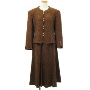 90’s ヴィンテージ レトロ セットアップ ジャケット スカート ひざ丈 総柄 薄手 ブラウン 11 春秋 IBO28