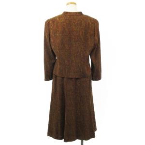 Leilian 90’s ヴィンテージ レトロ セットアップ ジャケット スカート ひざ丈 総柄 薄手 ブラウン 11 春秋 IBO28