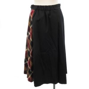 BLUE LABEL CRESTBRIDGE スカート ミモレ丈 プリーツ フレア ドッキング チェック ウール混 ブラック