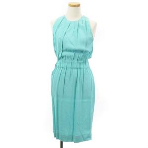 美品 ドレス ワンピース ひざ丈 ノースリーブ プリーツ レーヨン 水色 ライトブルー 2A