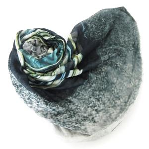 大判 ストール マイクロモダール シルク混 総柄 フリンジ 黒 ブラック グリーン系