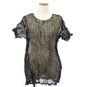 シアー カットソー 半袖 シワ加工 ラメ糸 シャドーボーダー 黒 ブラック 2 トップス ECR17