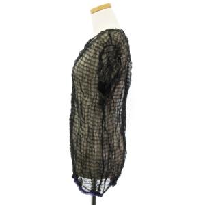 ISSEY MIYAKE シアー カットソー 半袖 シワ加工 ラメ糸 シャドーボーダー 黒 ブラック 2 トップス ECR17