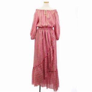 ワンピース ロング ラップ ギャザー オフショルダー プルオーバー ストライプ コットン シルク混 ピンク 38 SM0