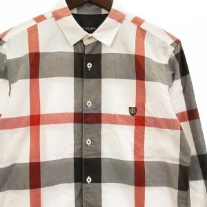 BLACK LABEL CRESTBRIDGE シャツ 長袖 チェック ロールアップ コットン リネン 白 黒 赤 M ECS