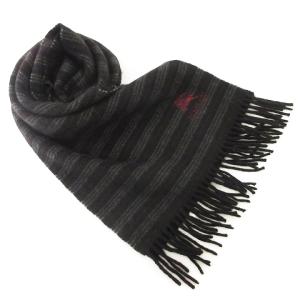 マフラー カシミヤ フリンジ ボーダー ワンポイント 刺繍 黒 ブラック系 ECS