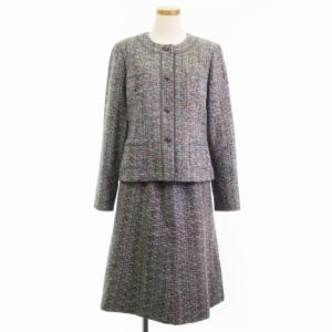 良品 セットアップ セレモニー スーツ ノーカラー ジャケット スカート ひざ丈 ツイード ウール混 ネイビー系 9 春 GY15