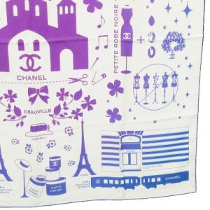 CHANEL 大判 スカーフ アイコン柄 総柄 ココマーク シルク イタリア製 ホワイト ブルー パープル