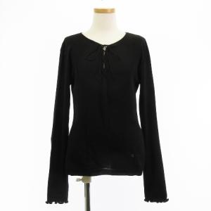 ニット カットソー 長袖 レースアップネック ロゴ リボン コットン 黒 ブラック L