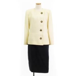 ヴィンテージ セットアップ ノーカラー ジャケット スカート ひざ丈 ウール アイボリー ネイビー 9 ECS