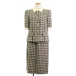 ヴィンテージ セットアップ ジャケット 五分袖 スカート ひざ丈 チェック シルク ブラック ベージュ 10 ECS