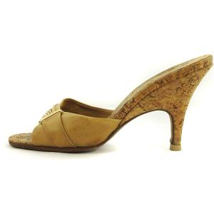 CHANEL ミュール サンダル レザー コルク ロゴプレート ベージュ系 37.5 ECS AA