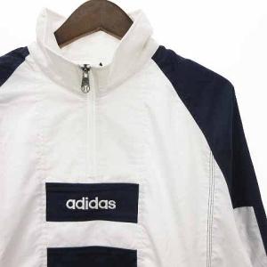 adidas ヴィンテージ プルオーバー ジャケット 長袖 ラグランスリーブ ハーフジップ ロゴ刺繍 コットン混 白 ホワイト 紺 ネイビー